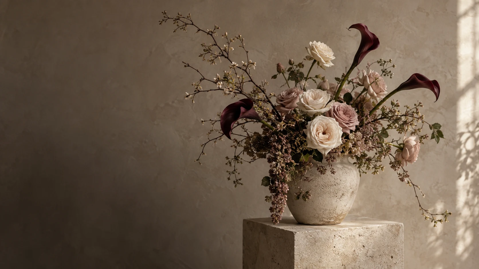 AI-generated floral concept: ivory and dusty pink flowers on a sculptural limestone plinth