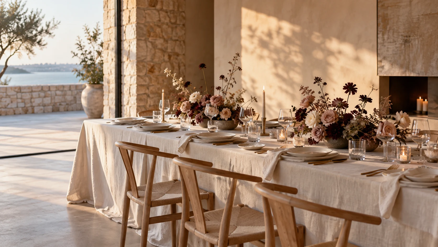 AI-generated dinner concept with seasonal flowers and linen