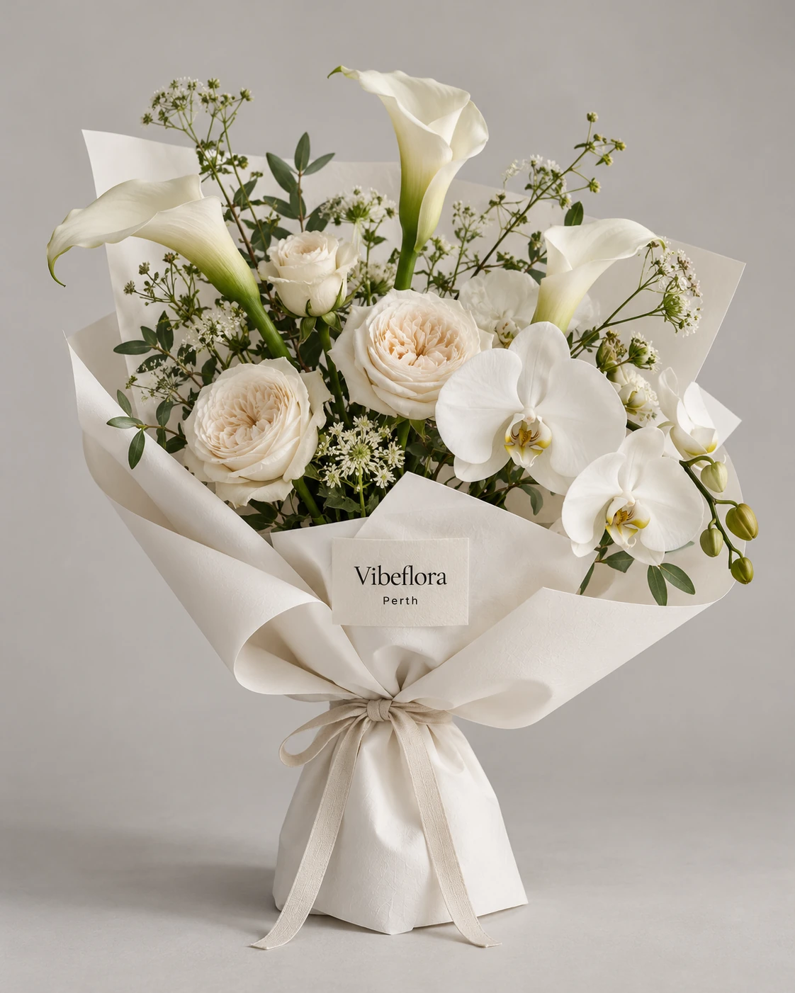 AI-generated Pearl Form ivory calla and orchid bouquet concept with a physical Vibeflora Perth paper label