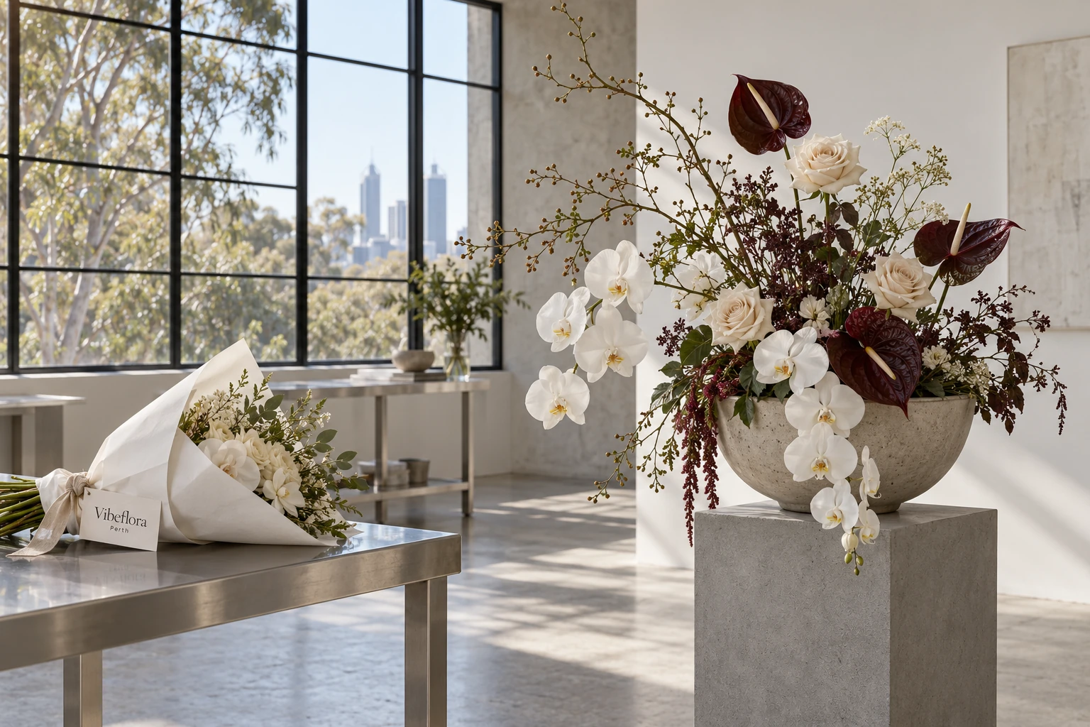 AI-generated contemporary Perth studio concept with sculptural flowers, brushed steel and a physical Vibeflora Perth bouquet label