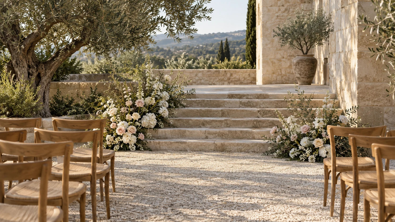 AI-generated garden ceremony concept with ivory and blush flowers